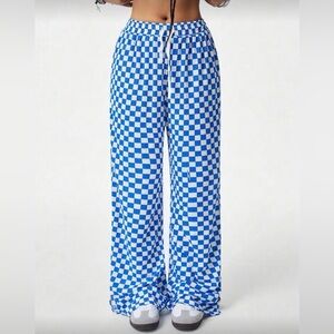 Blue and White Draw String Checkered Pants